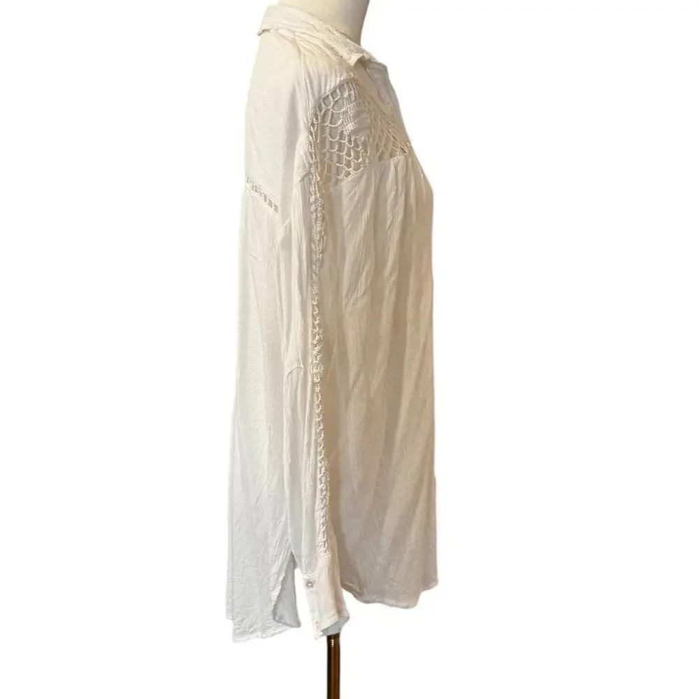 Free People Katie Bird Crochet Blouse Oversized Boho Peasant Top White Large